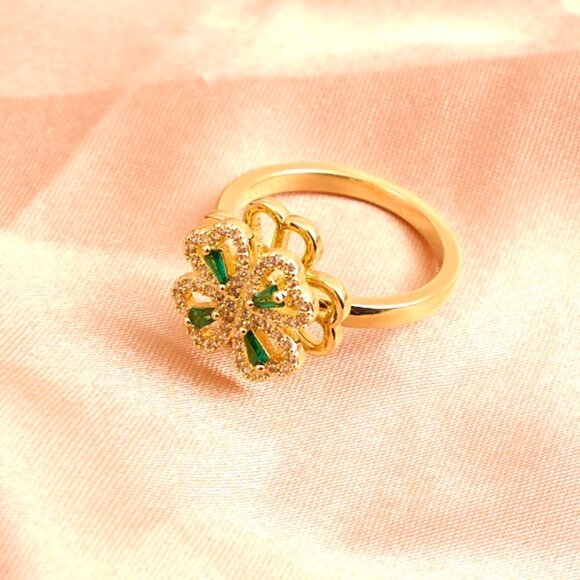 Spinning Clover ring Rotating Lucky Clover ADJUSTABLE Ring 18KGP Stainless Steel - Picture 1 of 2